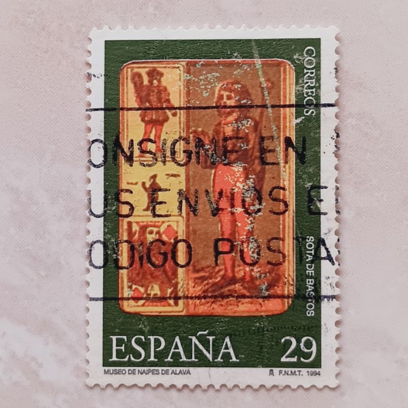 

(AD) Perangko Spanyol 1994 Playing Card Museum, Vitoria - Jack of Clubs (Catalan Tarot deck, 1900) 29 peseta Used