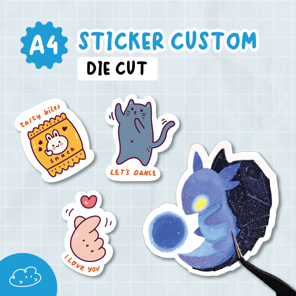 

CUSTOM STICKER DIECUT VINYL WATERPROOF A4 | GLITTER | GLOSSY/DOFF | HOLOGRAPHIC | 1 DESAIN
