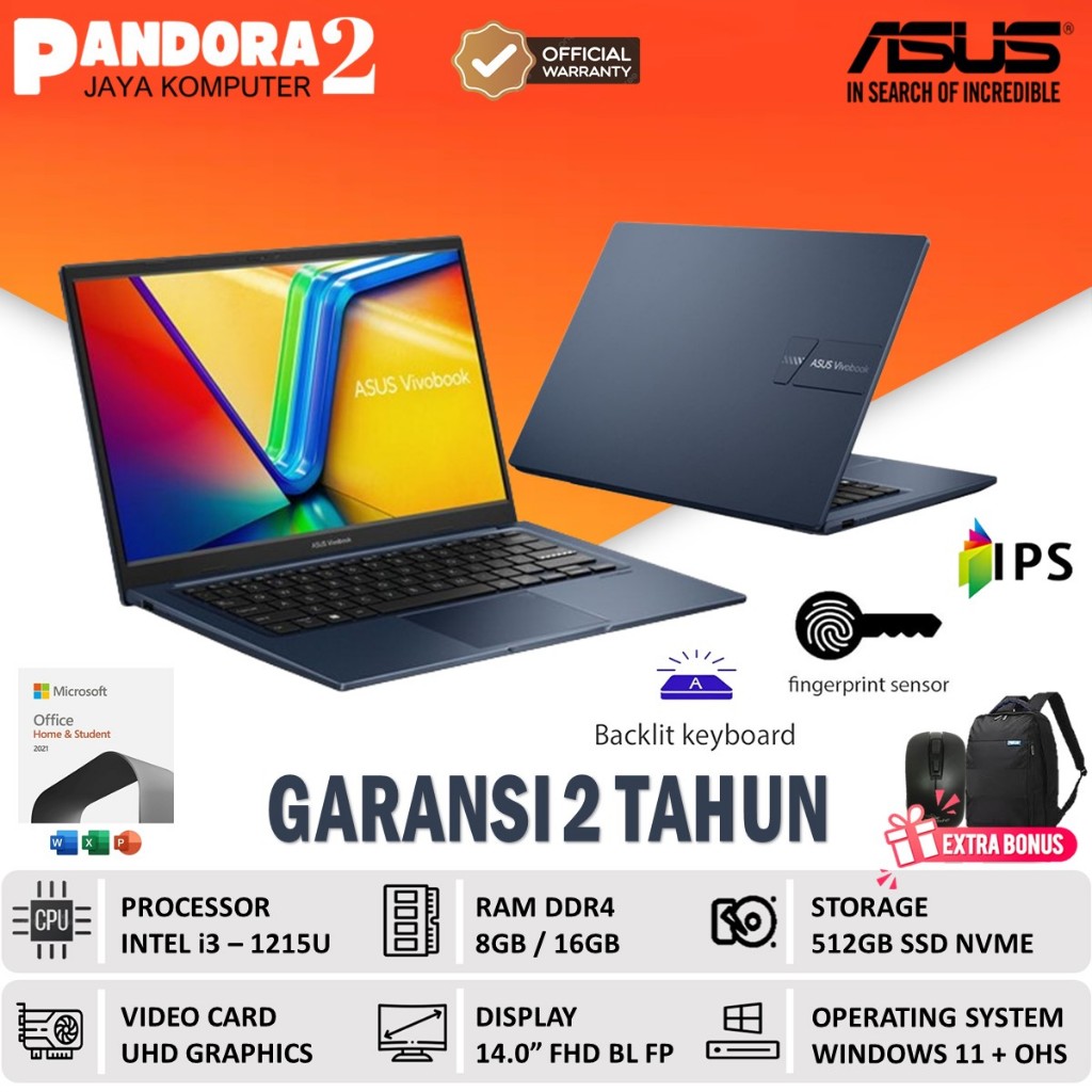 Laptop ASUS Vivobook A1404ZA core i3 1215U 512GB SSD 16GB 14 FHD IPS Win11 Baru