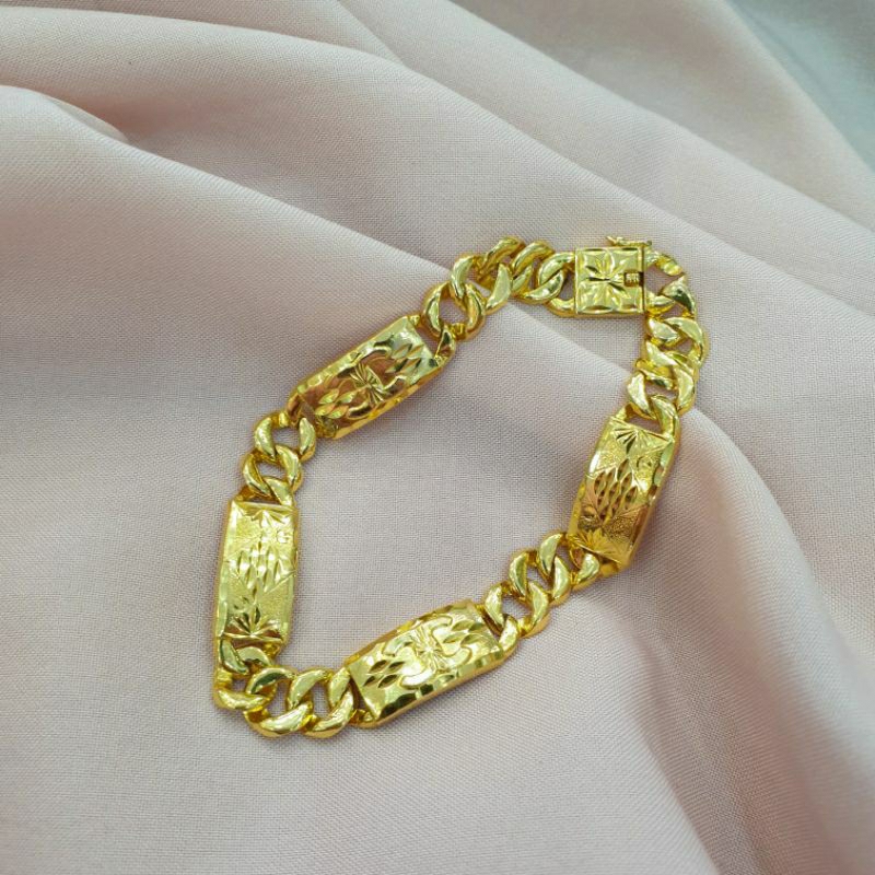 Gelang plat kombinasi rantai sisik naga emas asli kadar 375