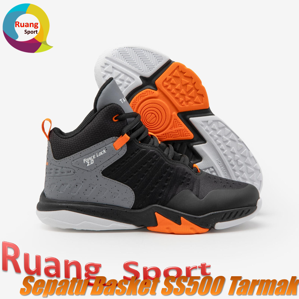 Tarmak Sepatu Basket Anak Remaja SS500 Shoes Olaharga Basketball - Hitam Jingga