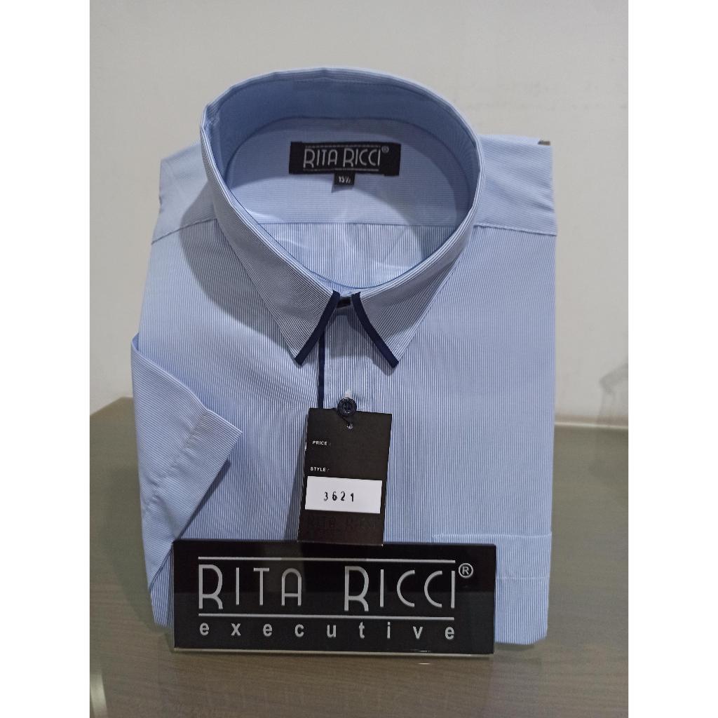 Kemeja Pria Rita Ricci Reguler Motif garis warna biru muda list navy lengan panjang dan pendek artik