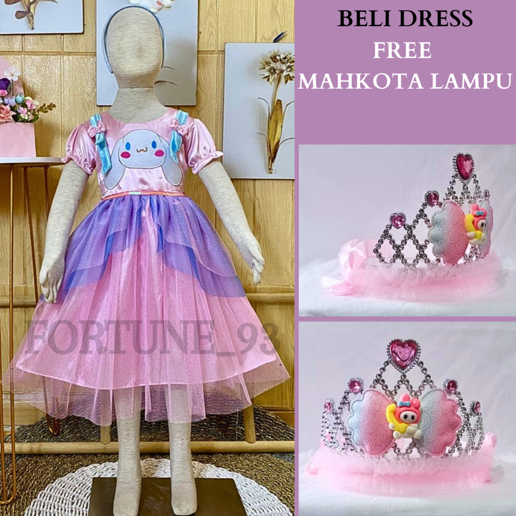 FREE MAHKOTA LAMPU  Dress sunrio kuromi anak perempuan import usia 3 - 8 tahun gaun ulang tahun prin