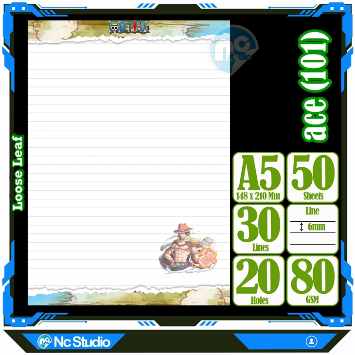 

Loose leaf Kertas binder A5 Isi 50 Lembar Polos karakter Ace One Piece Anime Kartun Buku Refil isi ulang Repil Vol-2