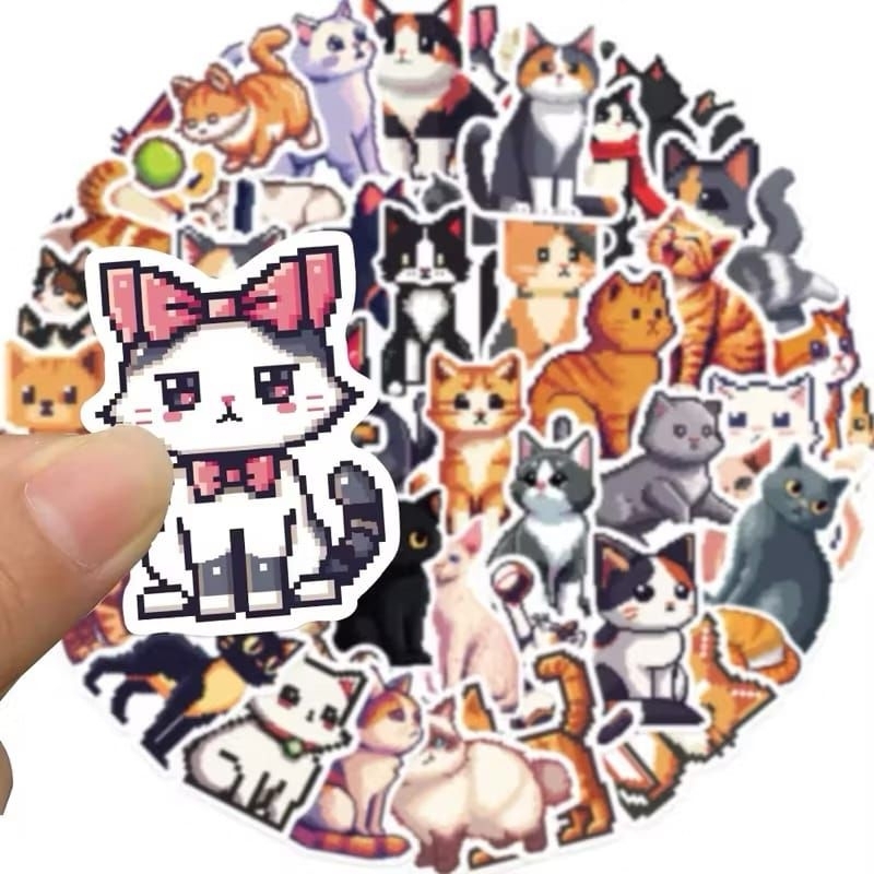 

50pcs Sticker Pixel Cute Cat Cartoon Kucing Stiker PVC Laptop Koper HP Anti Air