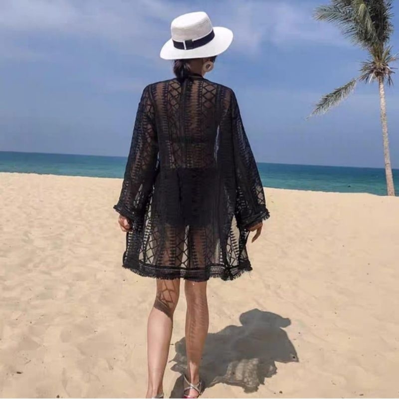 25530.Baju atasan luaran Cardigan LASYA LACE COVER UP OUTER Hitam putih Korean style wanita premium 