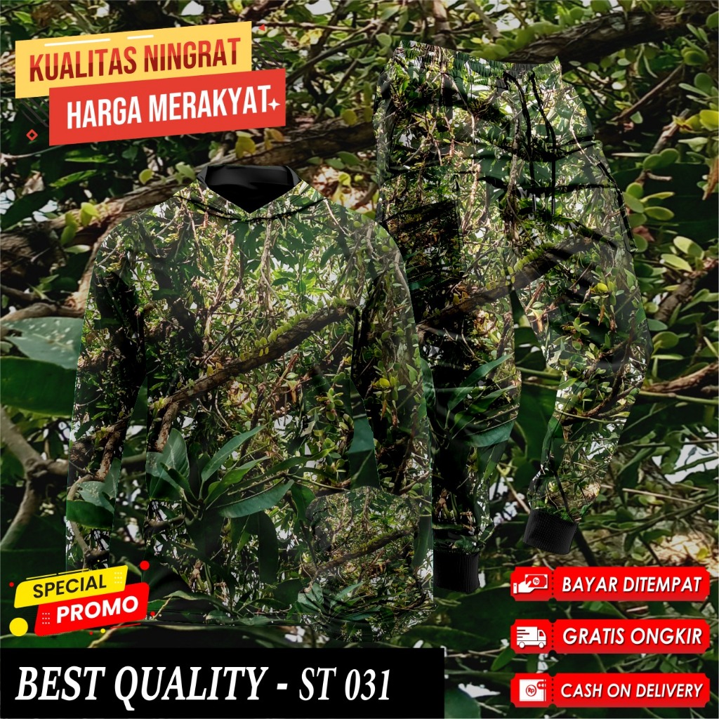 Setelan Baju Camo Hoodie Berburu Hunting Baju Berburu Hutan Kamuflase 1 Set Buff Celana Camo ST-031