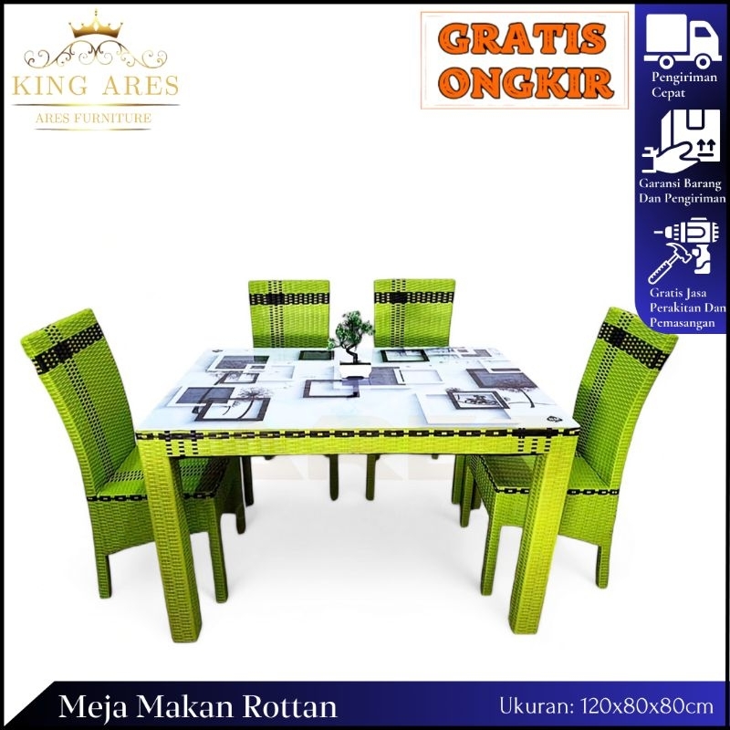 Meja Makan Rotan Sintetis 4 Kursi Fullset Jok Busa dan Kaca Meja Terlaris Termurah Cirebon
