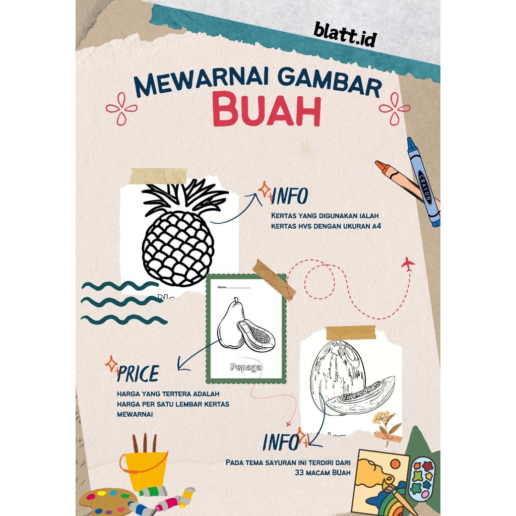 Kertas Gambar Mewarnai Series Buah-Buahan/Buku Mewarnai Series Buah-Buahan Untuk Anak-Anak