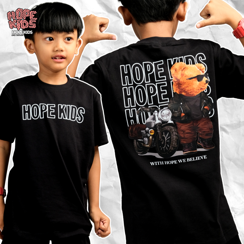 HOPEKIDS Kaos Anak Laki-laki & Perempuan Lengan Pendek "Bear Type Font"  Hitam Usia 1-12 Tahun