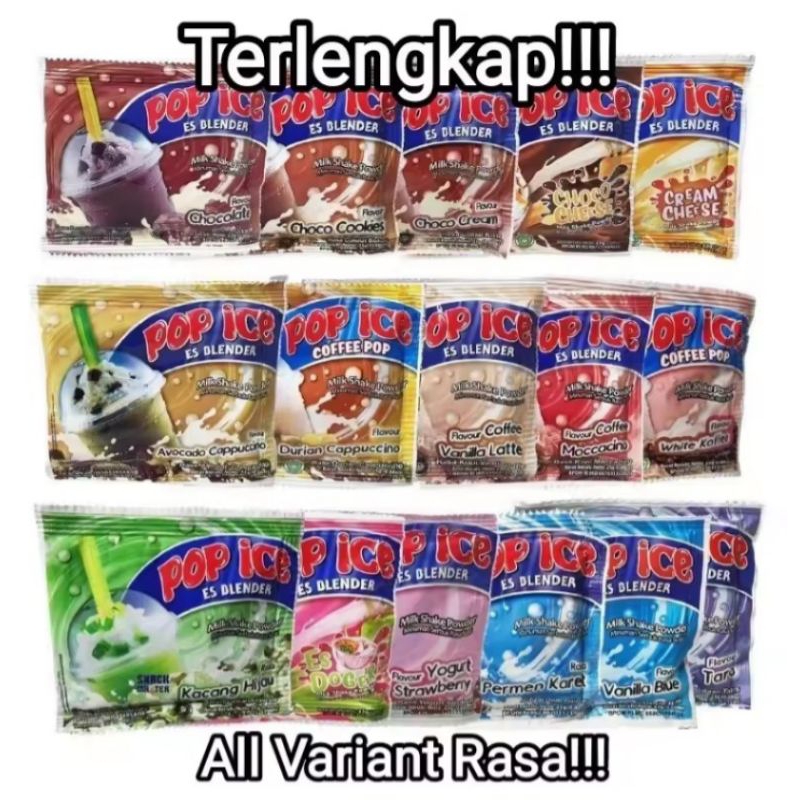 

MINUMAN POP ICE SACHET 23 GRAM TERLENGKAP ECERAN ALL VARIAN RASA BUAH BUHAN DAN COKLAT