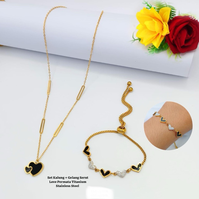set kalung + gelang serut love permata titanium fashion wanita