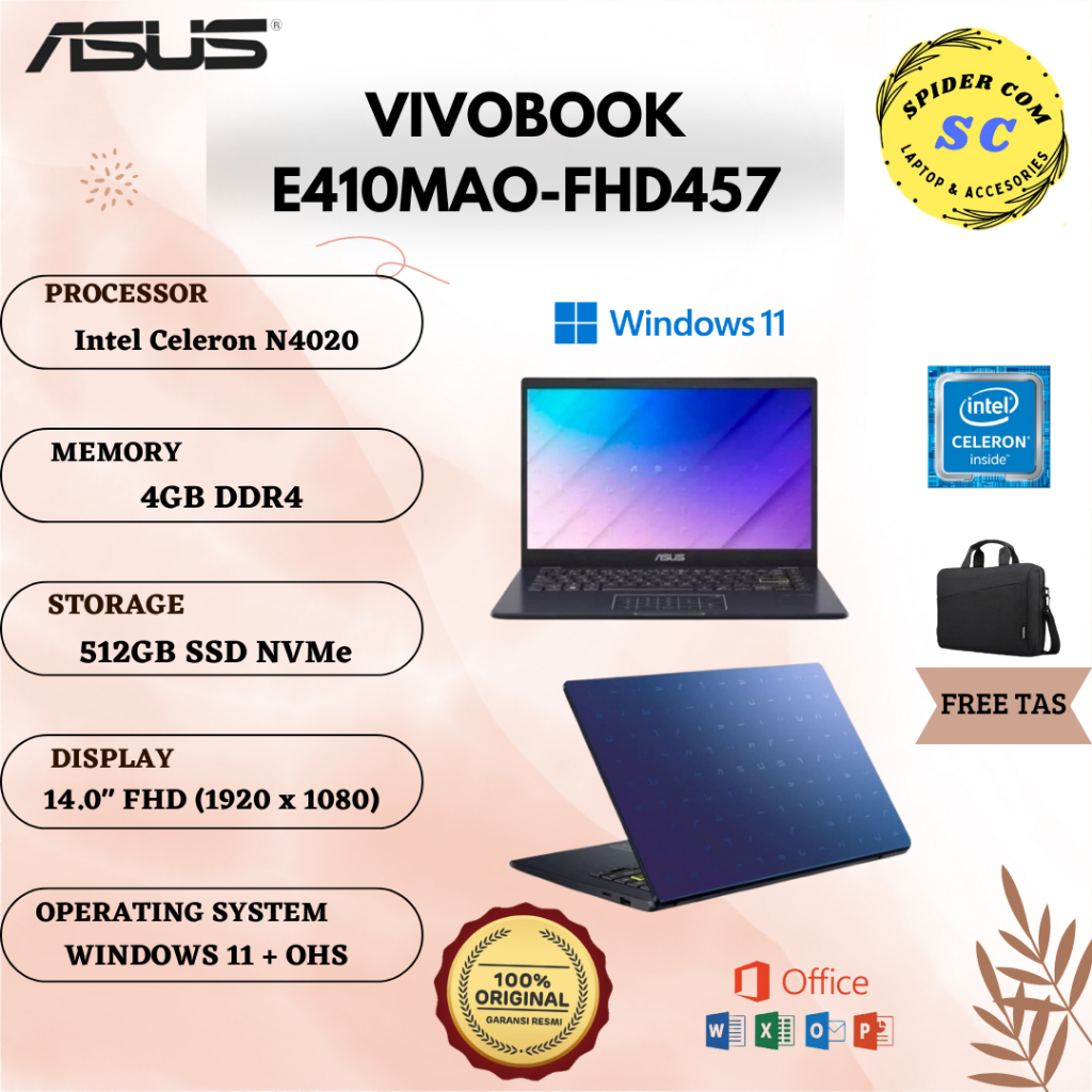 ASUS VIVOBOOK E410MAO-FHD457|N-4020/4GB/SSD 512GB/14,1' FHD/WIN11+OHS ORIGINAL (BIRU)