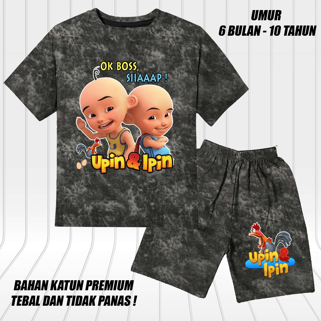 setelan denim jeans printing lengan pendek anak laki laki perempuan set baju anak upin ipin ok siap