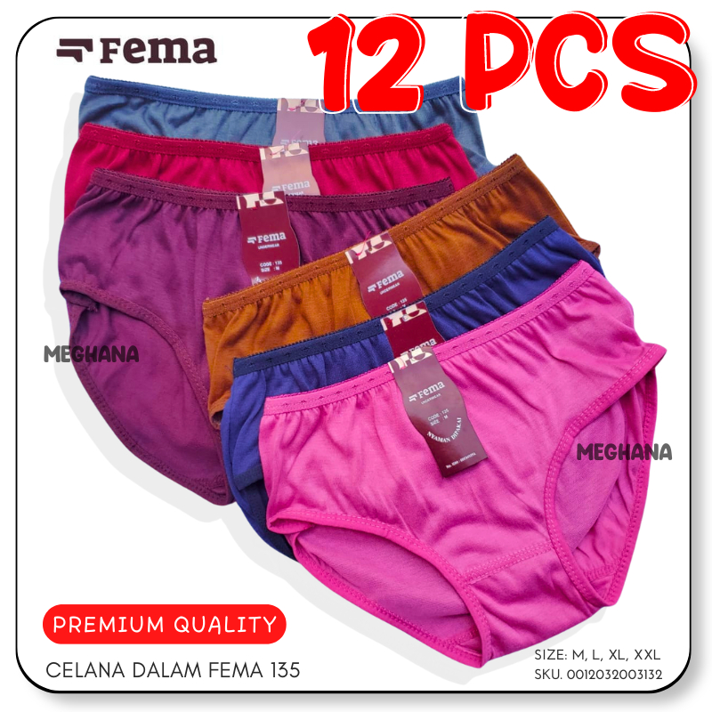 12pcs CD Fema 135 Celana Dalam Wanita Katun Polos M L XL XXL