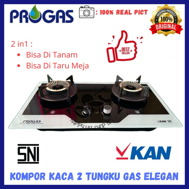 Kompor Kaca Progas 2 Tungku ELEGAN / Kompor Gas Kaca 2 Tungku / Tungku Bisa Di Angkat