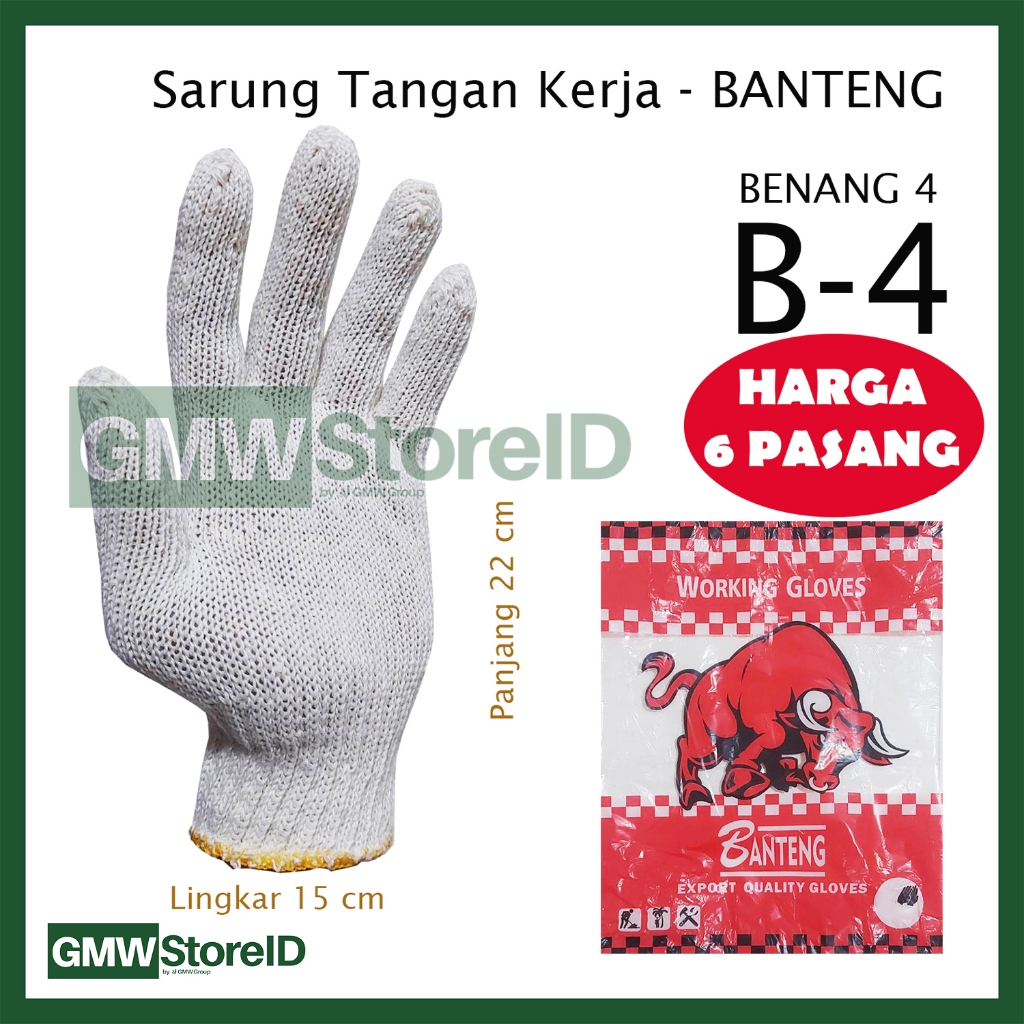 [6/12 Pasang] Sarung Tangan Kerja Benang 4 BANTENG Rajut Safety Gloves Putih B4 W873