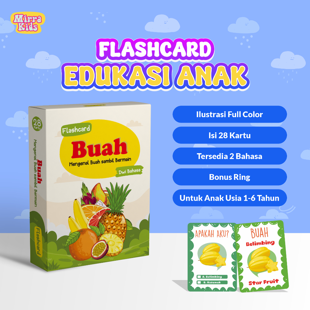 Flashcard Edukasi Anak | Mengenal Buah | Mengenal Buah Sambil Bermain | Isi 28 Kartu | Kertas Ivory 