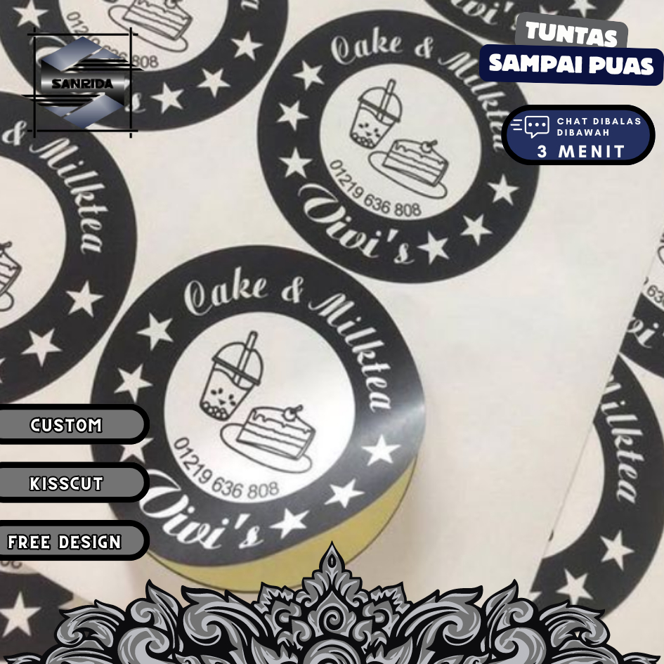 

Cetak Stiker Custom Label Makanan Sticker Segel Kemasan Produk Kue Nama Botol Minuman Chromo Sanrida