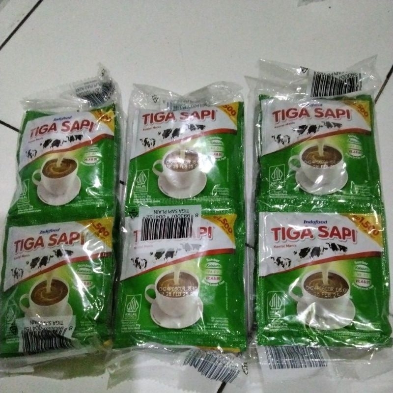 Indofood tiga sapi kental manis putih sachet 37g isi 6 sachet.