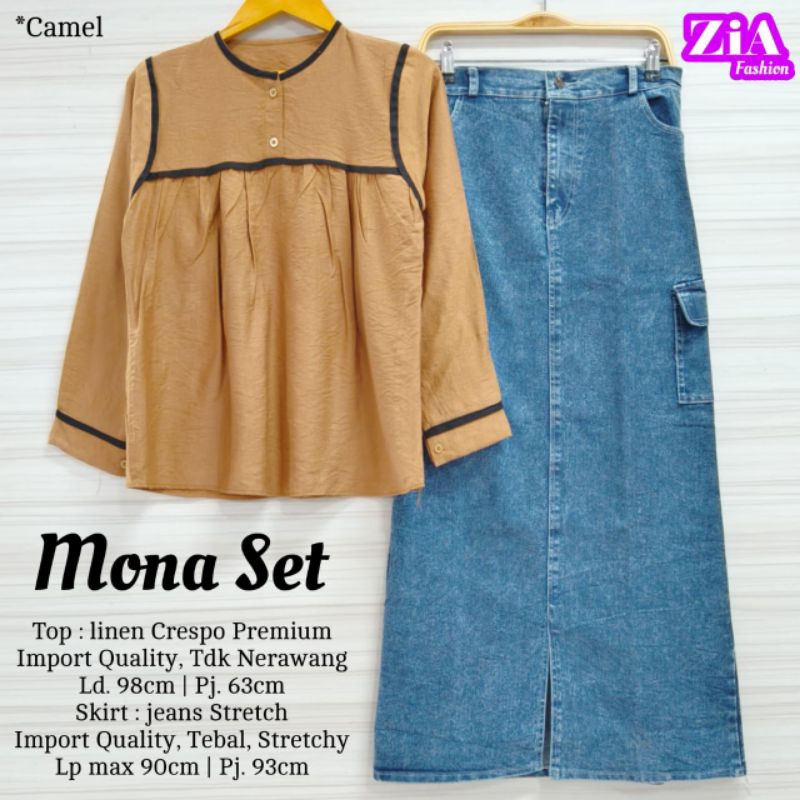 MONA SET BY ZIA/SET ROK WANITA TOP BAHAN LINEN MIX JEANS STRECH BEST SELLER
