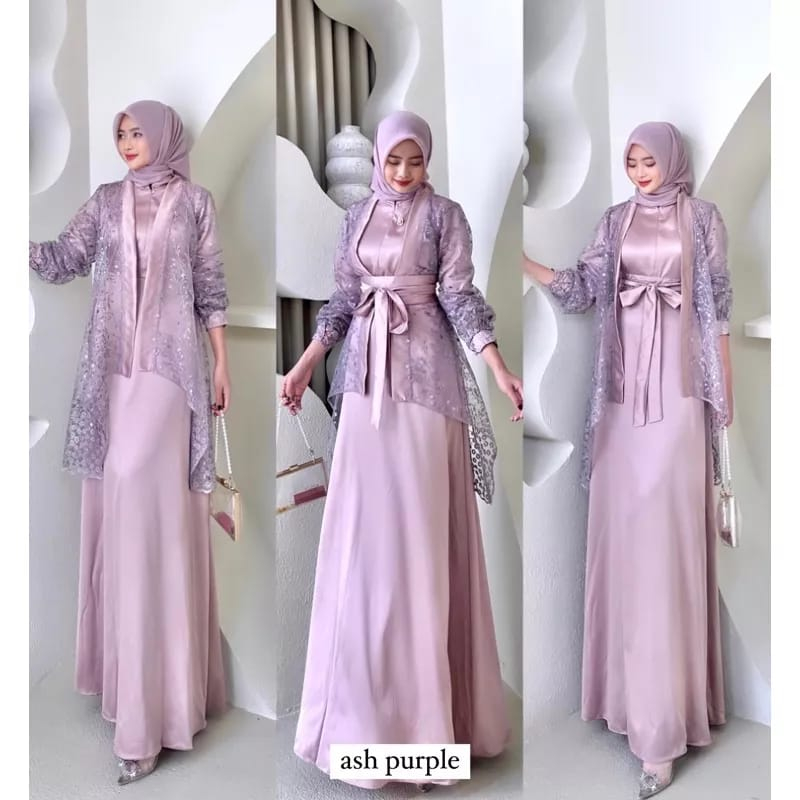 Fuji Dress satu Set Inner Outer Kimono Queenbee Fashion Gamis Muslim Wanita Pesta Kondangan Bridesma