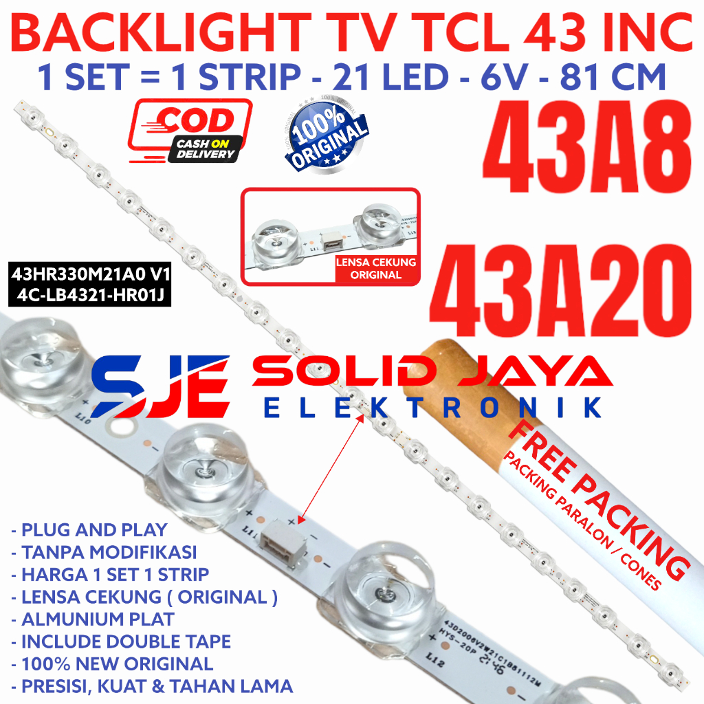 BACKLIGHT TV LED TCL 43 INC 43A8 43A20 43A 8 20 LAMPU BL 21K 21LAMPU 21LED 21 6V 6 VOLT LENSA KOTAK 