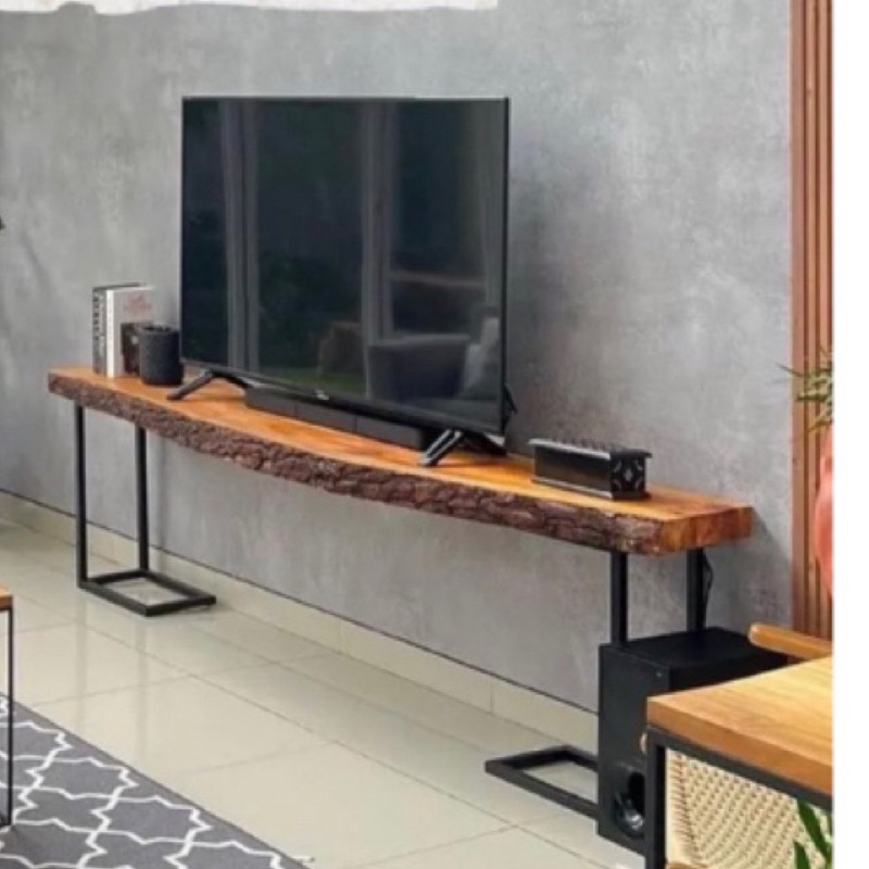 Meja Kabinet TV Kayu Trembesi Minimalis Kaki Besi