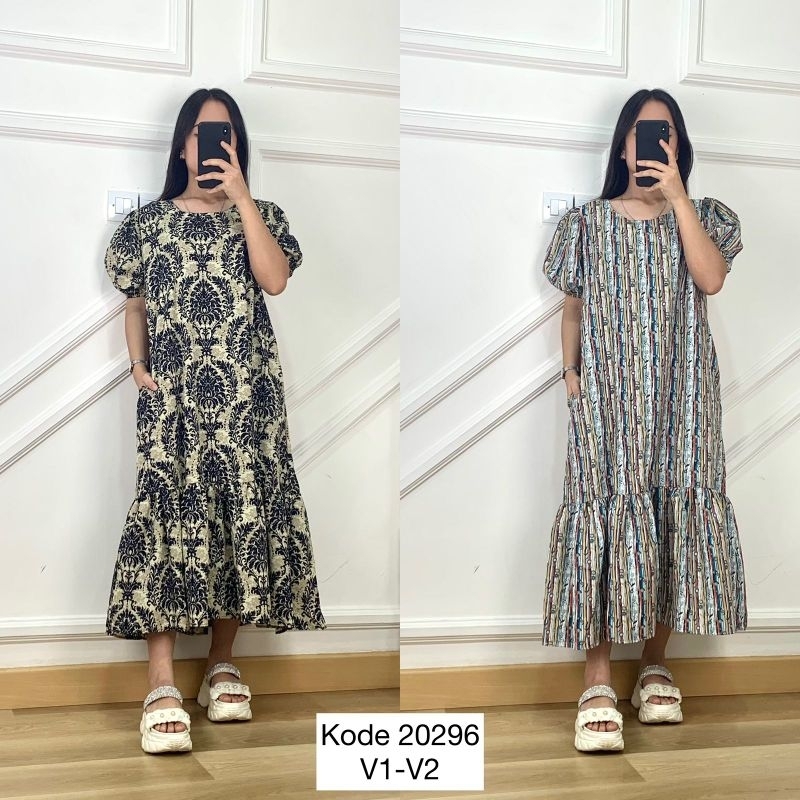 20296 Dress Rumple Ruffle tangan Balon Pendek import Bangkok Premium/ Dress tunik semi batik Viral i