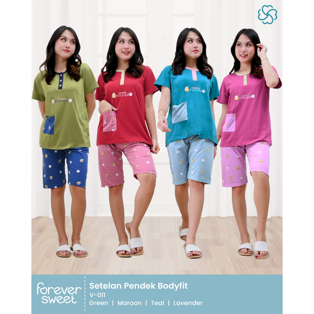 TERMURAH FOREVER Sweet Concept Setelan Baju Tidur Babydoll 3/4 Celana Pendek Bodyfit (SERI 4 WARNA)