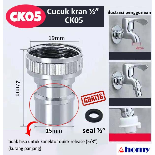 cucuk mulut kran drat mesin cuci CK05 sambungan kepala kran ½”