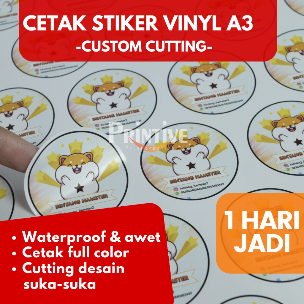 

Cetak Sticker A3+/Cetak Stiker Label Kemasan Cutting/ Sticker Label Vinyl Anti Air