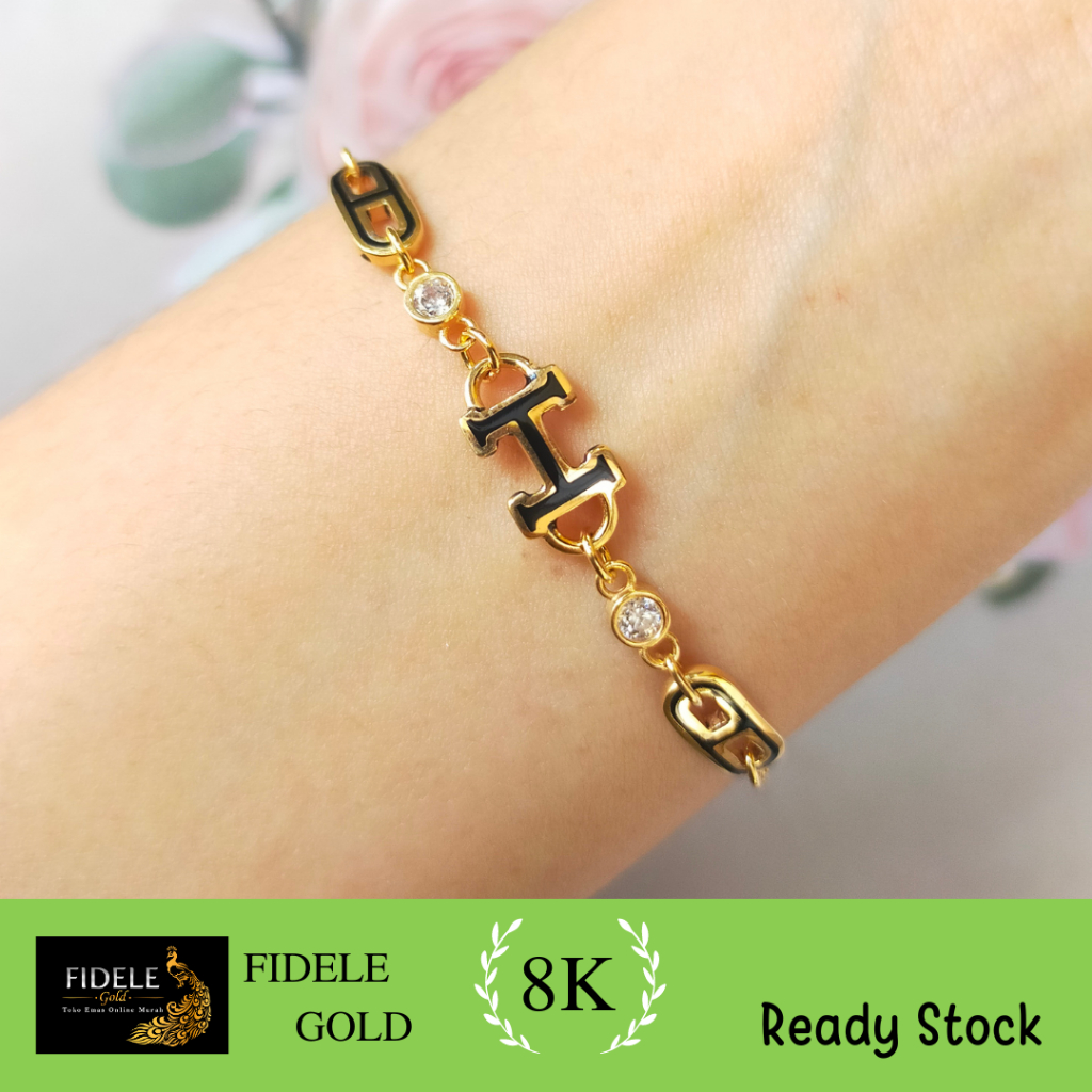 Gelang Herme Cat Hitam Fashion Emas Asli Kadar Muda 375