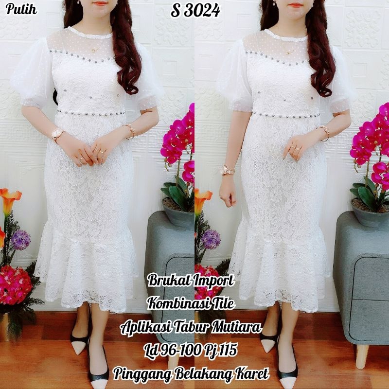 3024 Dress Brukat Duyung Tile  Cantik Putih Tabur Mutiara