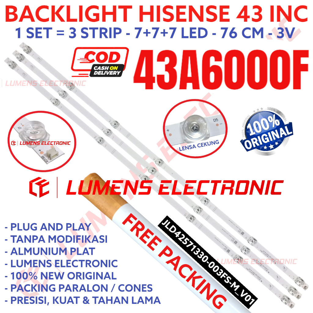BACKLIGHT TV LED HISENSE 43 INC 43A6000F 43A6000 LAMPU BL 7K 3V 43A IN 7 KANCING LED 3V JLD42571330-