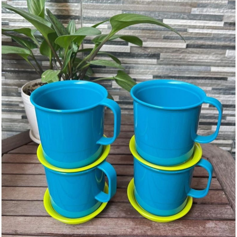 Tupperware Preludio Mug Set 4 Pcs Gelas Cangkir Minum Plastik Dengan Tutup Alas 350ml Original Murah