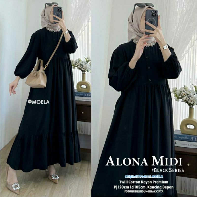 ALONA MIDI DRESS HITAM POLOS TWILL COTTON RAYON PREMIUM BY MOELA HIJAB