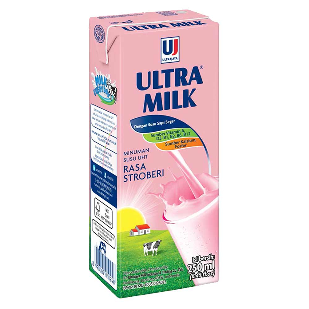 

1 Dus Susu Ultra Milk 250 ML Strawberry UHT 1 DUS ISI 24 stroberi