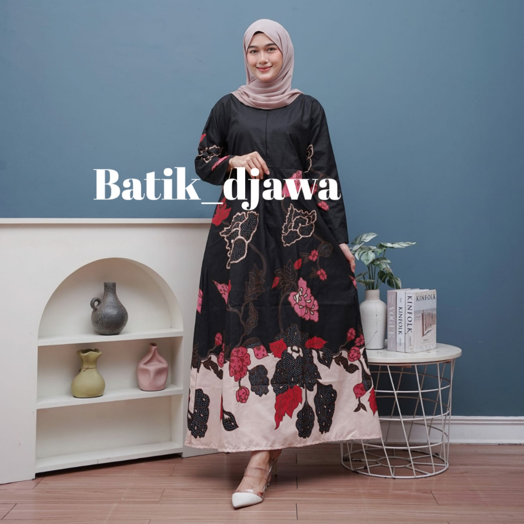 PROMO BAJU BATIK GAMIS MOTIF MAWAR HITAM ELEGANT MEWAH TERBARU