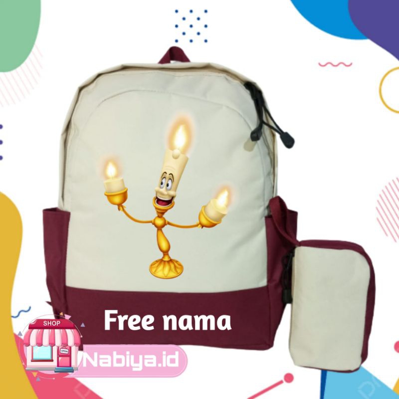 TAS RANSEL BACKPACK ANAK SEKOLAH COSTUME GAMBAR LUMIERE SI LILIN DI BEAUTY AND THE BEAST FREE NAMA U
