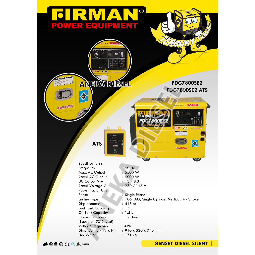 Mesin Genset Solar 5500W FIRMAN FDG 7800SE2 Diesel Generator 5500W FDG 7800SE2 FIRMAN Pembangkit Lis