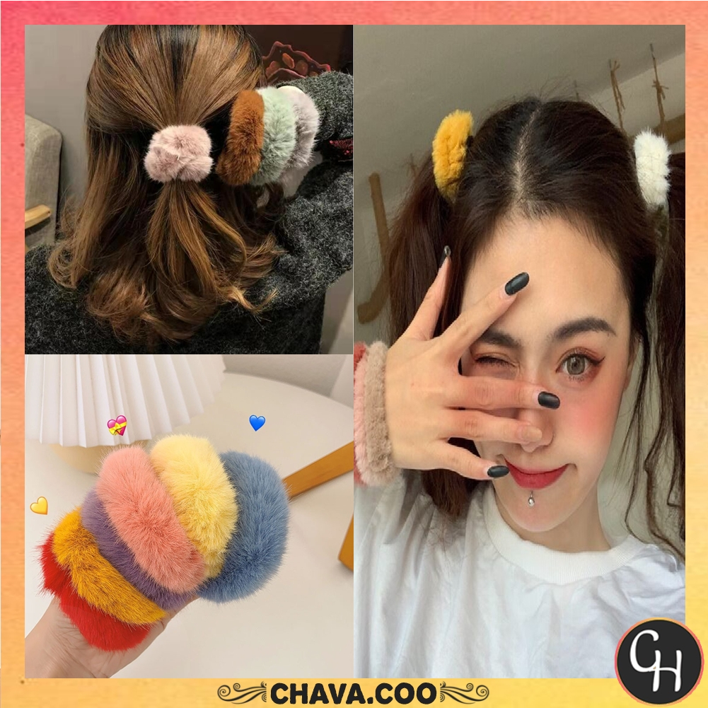 CHAVA | IR753 Scrunchies Ikat Rambut Model Bulu Bola Pom Pom Ponytail Gaya Korea