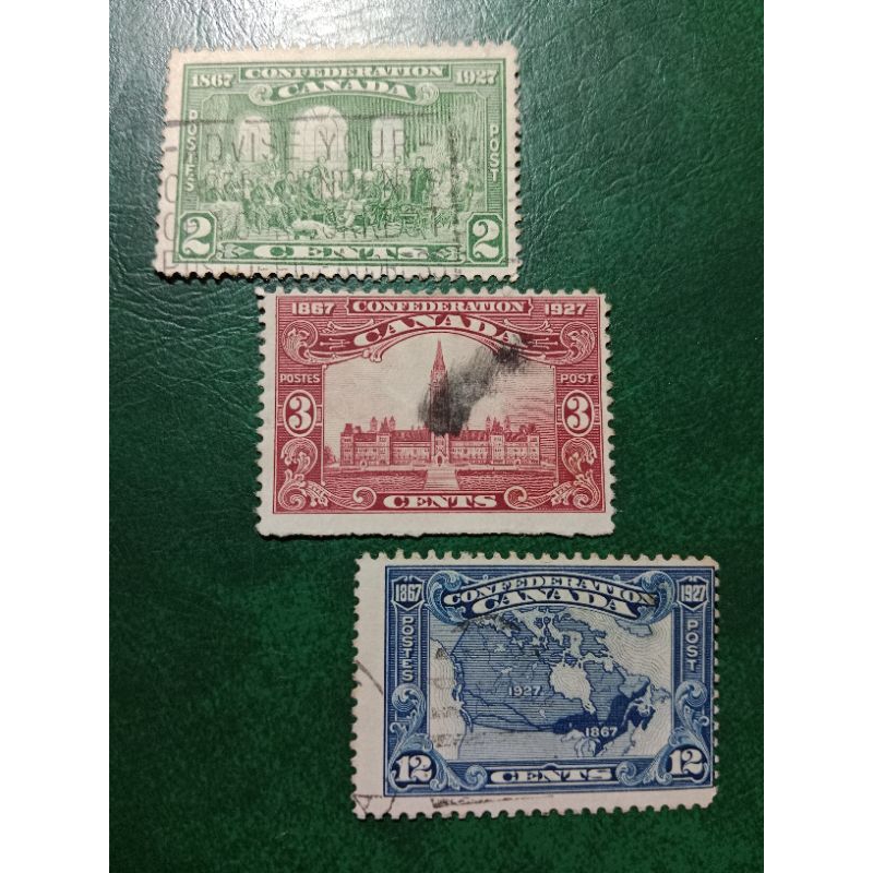 

Prangko lama Kanada 3 pcs incription 1867 Cofederation tahun 1927 used