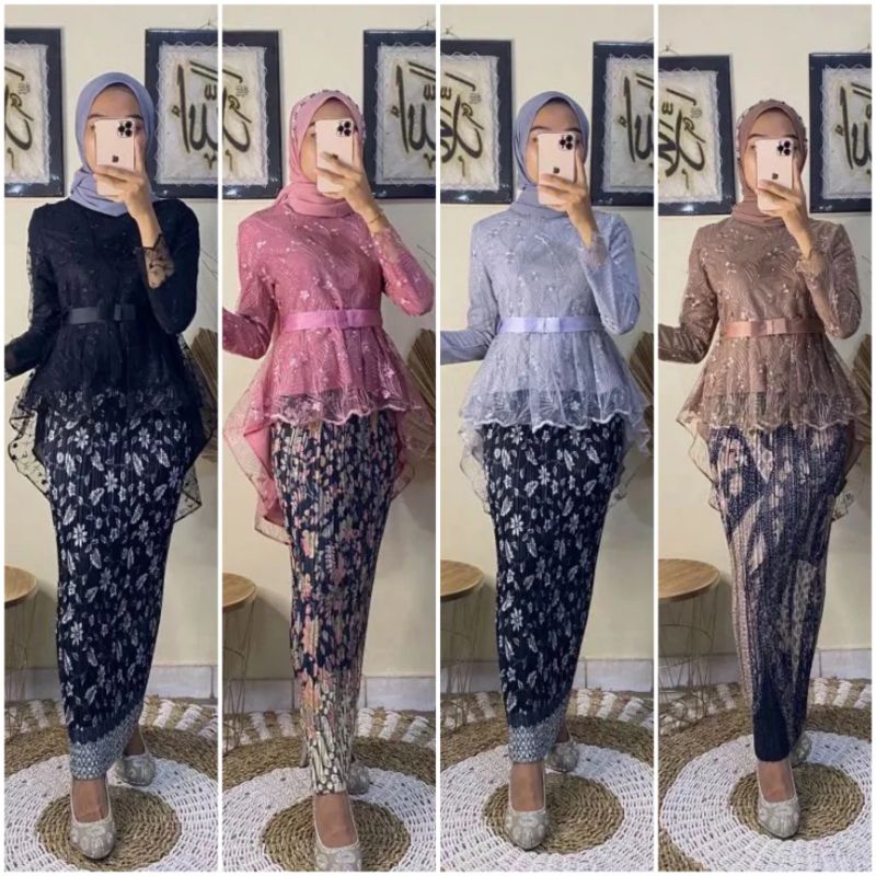 Setelan Baju Kebaya Aurora Tille Modern Pakaian Tradisional Lengan Panjang Model Simpel Elegan / Set