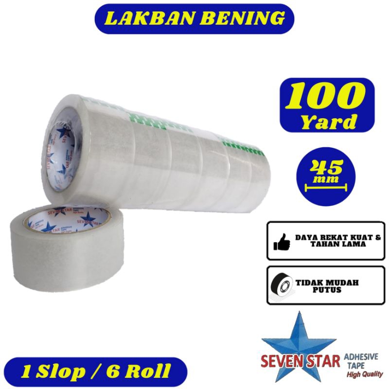 

Lakban Bening Seven Star 45mm x 100yard Slop - Daya Rekat Kuat,Tidak Mudah Putus