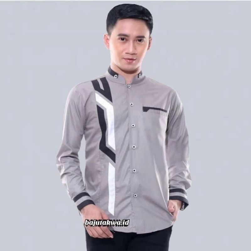 Baju Koko Pria Dewasa Lengan Panjang Motif Sinergi Warna Abu