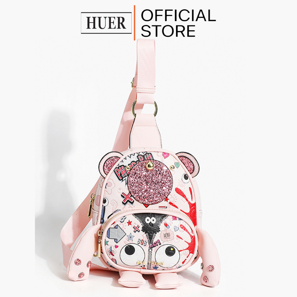 HUER ~ Tas Wanita Awrhy Eye Theme Printed Embossed Chest Bag 9454-262Pink