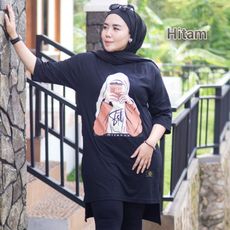 Kaos Wanita Long Tunik Pinguin Hitam Motif Cadar Hijab Style Terbaru Dan Terlaris