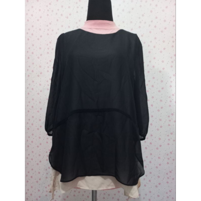 Blouse Zishen 3/4 lengan panjang,hitam polos,kombinasi warna kream