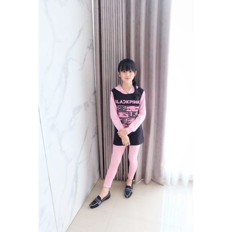 Setelan Anak Blackpink Perempuan Tunik Hoodie Legging Glamoas